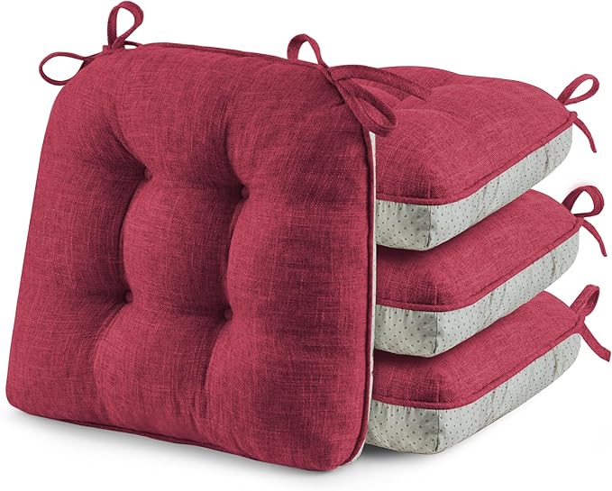puredown® Chair Cushions for Dining Chairs, Tufted Memory Foam Chair Pads with Non-Slip Backing, Kitchen Seat Cushions with Ties, Washable Pads Set of 4, 15.5" x 15.5" x 4", Wine