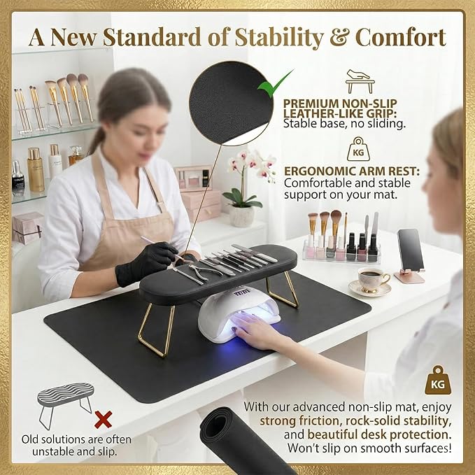 Nail Art Table Mat, (Mat Only) Foldable Hand Rest Manicure Pad, Soft Microfiber PU Leather Arm Rest Pad for Acrylic Nails, Nail Polish Mat for Nail Tech Salon Home, Black