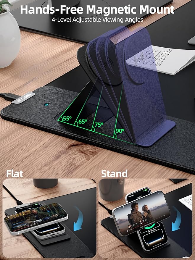 4-in-1 Mouse Pad with Magnetic Wireless Charging & Phone Stand, 31.5"x15.8" Large, Waterproof Smooth Surface, Non-Slip Base, with Adapter