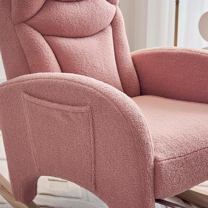 Comfy Rocking Chair Nursery Glider, Upholstered Nursery Chair with Foot Rest, Modern Rocker Chair with Pocket, Accent Armchair with Smooth Rocking Base for Nursing, Reading, Relaxing (Pink Teddy)