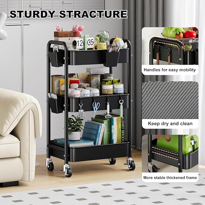 3 Tier Rolling Cart Metal with Wheels, Black Three Tiered Art Cart Organizer on Wheels, Storage Utility Trolley Carts for Kithcen, Craft, Nail, Lash, Makeup, Salon,Bedside, Bathroom, Office, Snack