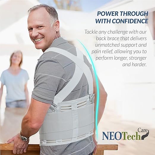 NeoTech Care Back Brace with Suspenders for Work - Industrial Lifting Safety, Elastic Compression, Hook & Loop Closure (Gray, Size XL)