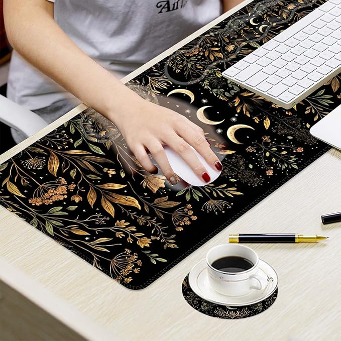 Ergonomic Mouse Pad Set with Wrist Support for Keyboard and Wrist Rest for Mouse, Memory Foam Comfort, Non-Slip Large Desk Mat for Home Office Pain Relief,Moon Star Flowers
