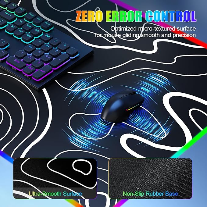 RGB Mouse Pad with Foldable Phone Stand Wireless Charger, 31.5"x11.8" XL Gaming Mousepad Large Desk Mat, Desk Pad with 11 Colors 5 Modes, Waterproof (Topographic Print)