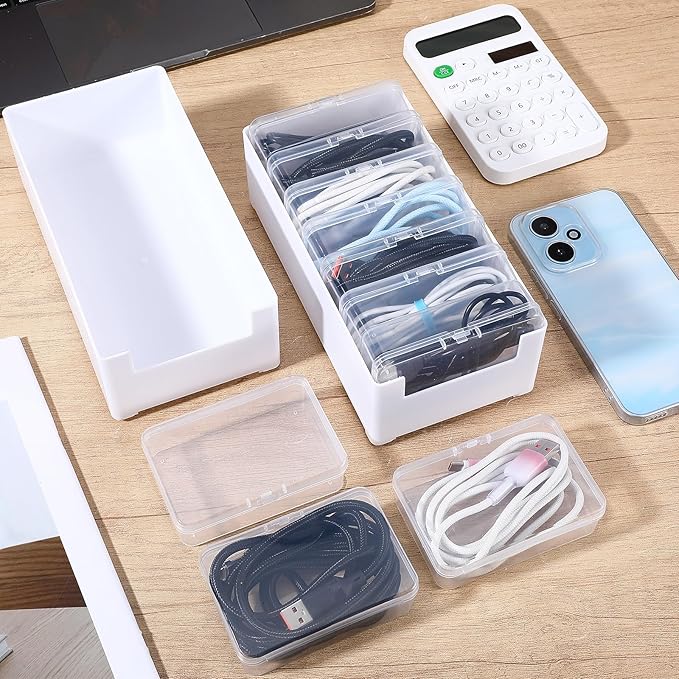 2 Set Cable Organizer Box with 14 Clear Switch Case, Desktop Charger Cord Storage Organizer Box, Charger Cable Organizers for Home Office Desk Accessories Wire Organization Stationery Supplies (White)