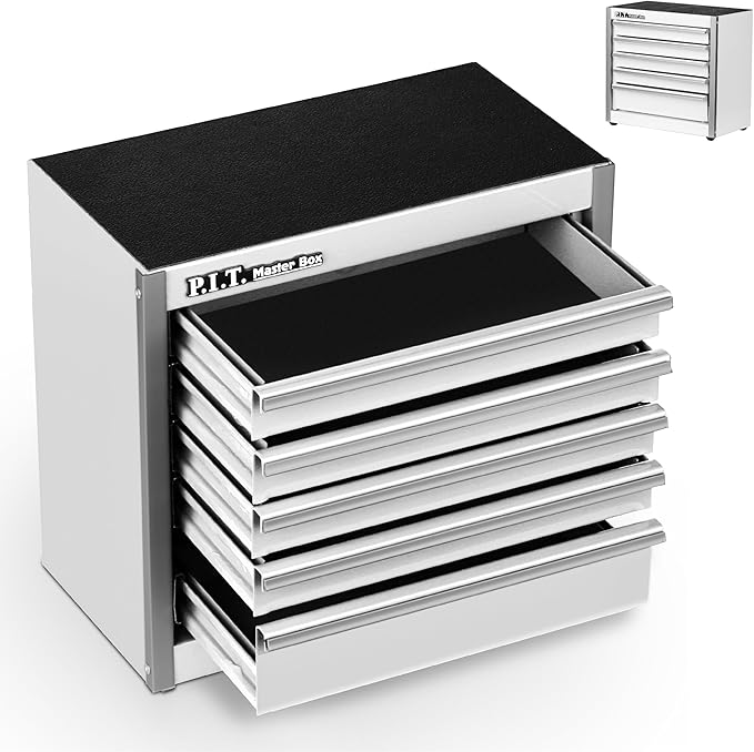 P.I.T. Mini Tool Box 8.6"W X 4.6"D, Portable 5-Drawer Micro Steel Stackable Toolbox with Liner, White Cute Tool Case for Small Tools Parts Storage, Home DIY