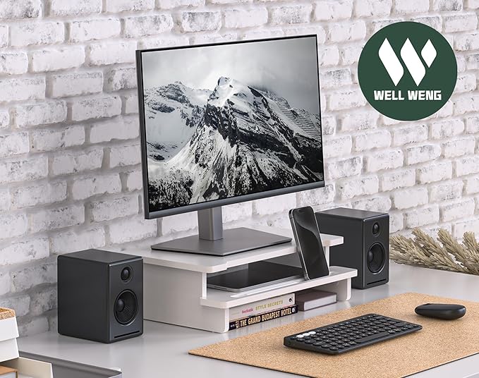 Computer Monitor Stand Riser, 16.5 Inch Wood Desk Shelf Storage Organizer with Phone Tablet Holder, White