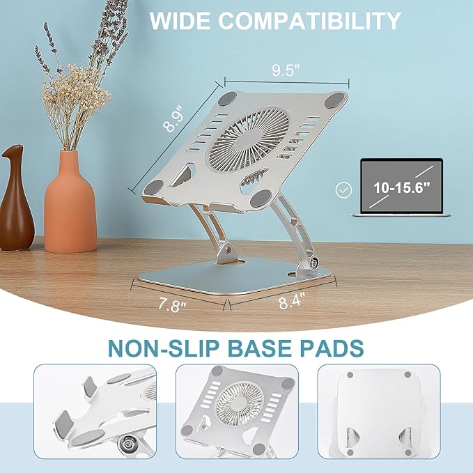 SHUWEI 360° Rotating Laptop Cooling Stand with 3 Speed Fan, Adjustable Height Laptop Stand for Desk, Ergonimic Aluminum Laptop Cooling Pad for 10-15'' Notebook - Bule-Gray