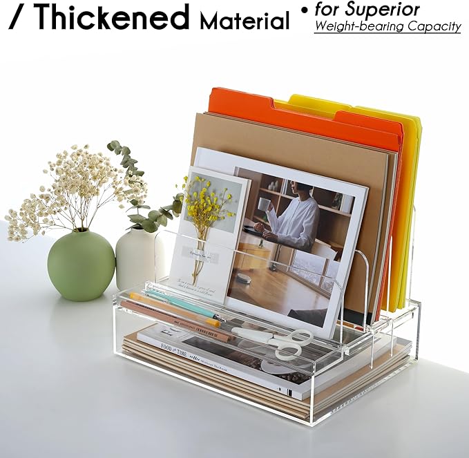 DINGHUO Acrylic Desk Organizers and Accessories, Paper Letter Tray Organizer with 3 Vertical File Holder, Clear File Organizer for Desk Home Office Supplies -1 Pack