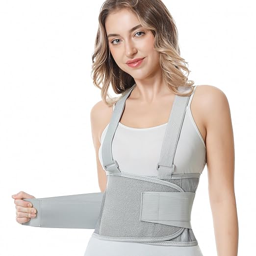 NeoTech Care Back Brace with Suspenders/Shoulder Straps - Light & Breathable - Lumbar Support Belt for Lower Back Pain - Posture, Work, Gym - Grey Color (Size XL)
