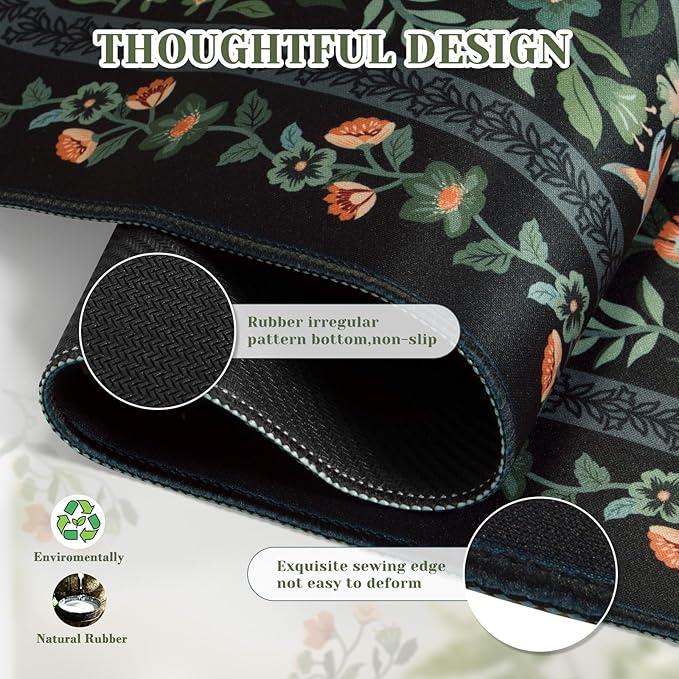 iCasso Aesthetic Flower Mouse pad for Laptop, Desk Pad Mat, Vintage Desk Matt for Desktop 13.7"x23.6", Anti-Slip Mousepad with Stitched Edges for Laptop Computer Keyboard(Black)