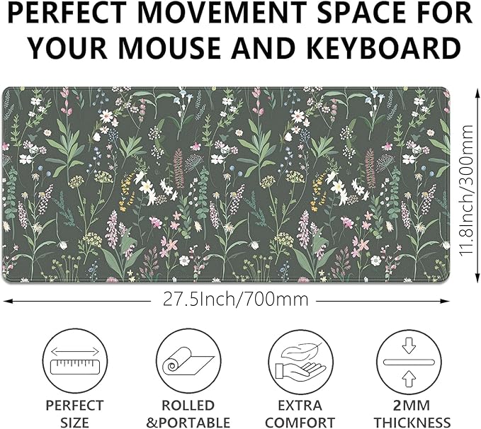 Green Plant and Floral Mouse Pad,Large Flowers Mousepad Desk Pad with Stitched Edges,Non-Slip Waterproof Rubber Base Mouse Mat for Office Computer Keyboard Laptop Home 27.5x11.8 in