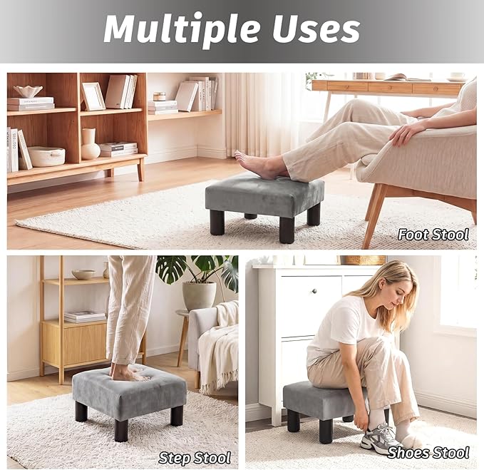 Joveco 15'' Small Foot Rest Stool Ottoman- Upholstered Footstool and Ottomans Small Footrest for High Beds- Lightweight and Portable, Light Gray