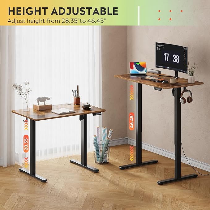 DEVAISE 40 Inch Electric Standing Desk, Adjustable Computer Desk for Home Office, Ergonomic Sit to Stand Desk with LED Touchscreen，Headphone Hook, 3 Memory Preset, with Split Top, Rustic Brown