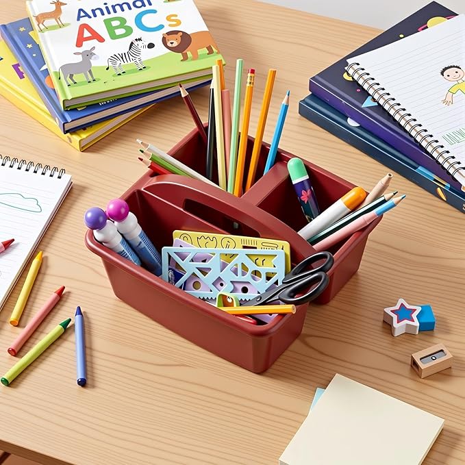 Kathfly 4 Pack Caddy Organizer with Handle, Stackable Organization Storage, Small Plastic Basket Classroom Caddy for Table Desk Office Pencil Kids Room Craft Art Teacher School Supplies (Deep Color)