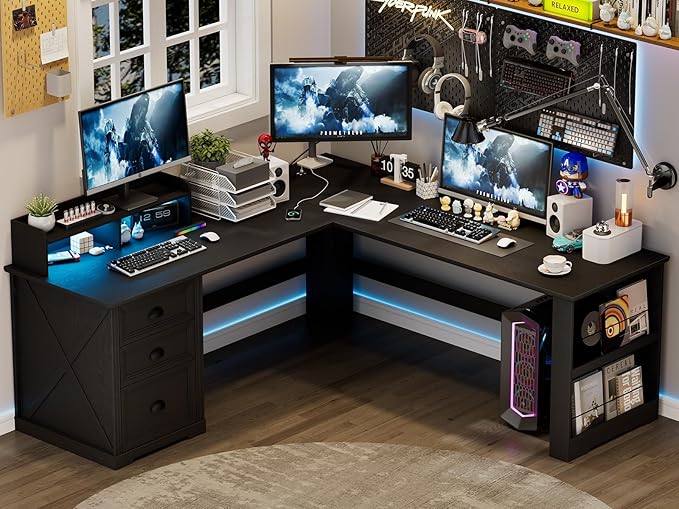 Lareth Executive L Shaped Desk with Monitor Stand, 59 inch Farmhouse Corner Computer Desk with Power Outlets & LED Lights, Home Office Desk with File Cabinet for Working Gaming Writing, Black