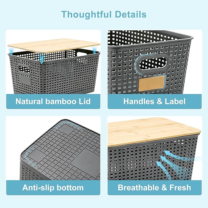 Bagnizer 2 Pack Tall Plastic Storage Bins with Bamboo Lids, 10.8qt Stackable Storages Baskets for Organizing Desktop Closet Playroom Classroom Office, 12"L x 8.3"W x 6.1"H, Gray