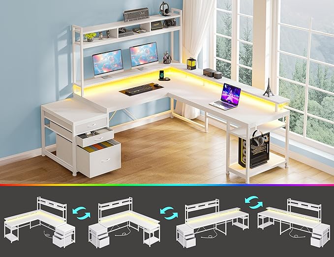 EnHomee 64 x 60 Inch L Shaped Desk with Shelf and Drawers, Gaming Desk with Power Outlet & Monitor Stand & LED Lights, Reversible White Vanity Desk, Two Person Desk for Living, Gaming Room, White