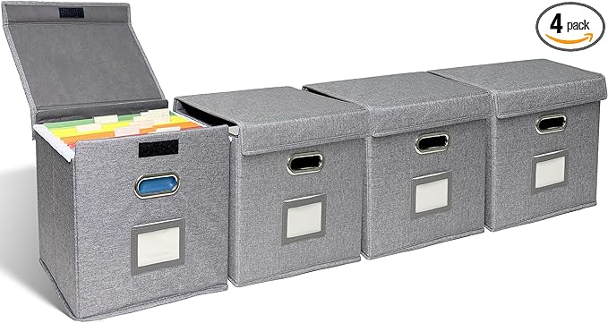 4 Pack Hanging File Folder Box with Lid, Durable Letter Size Filing Storage Box, Sturdy File Holder with Cardboard Support PVC Rails for Office Home Organizer, Gray