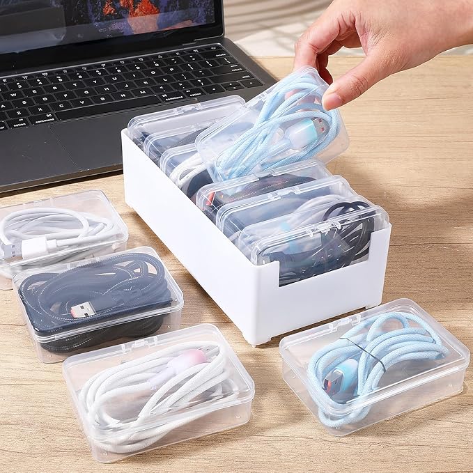 2 Set Cable Organizer Box with 14 Clear Switch Case, Desktop Charger Cord Storage Organizer Box, Charger Cable Organizers for Home Office Desk Accessories Wire Organization Stationery Supplies (White)