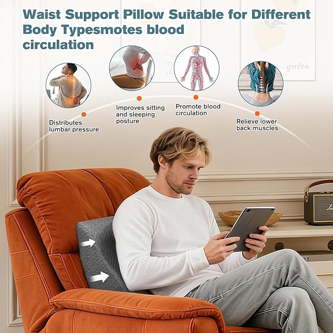 Recliner Lumbar Support Pillow Ergonomic Foam Cushion with Anti-Slip Backing & Adjustable Strap for Chair, Sofa, or Glider(Grey)