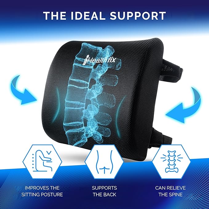 Healthfix® Ergonomic Lumbar Support Pillow – Expertly Designed in Germany – Improves Posture & Relieves Back Pain – Memory Foam Back Cushion for Office Chair & Couch - Medium (130–200 lbs)
