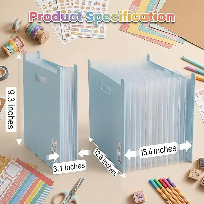 12x12 Scrapbook Paper Storage Organizer, Expandable 13 Pocket Desktop Paper Organizer Storage for Scrapbook Essentials, Large Scrapbook Storage for Photos, Washi Tape, Sticker (Blue)