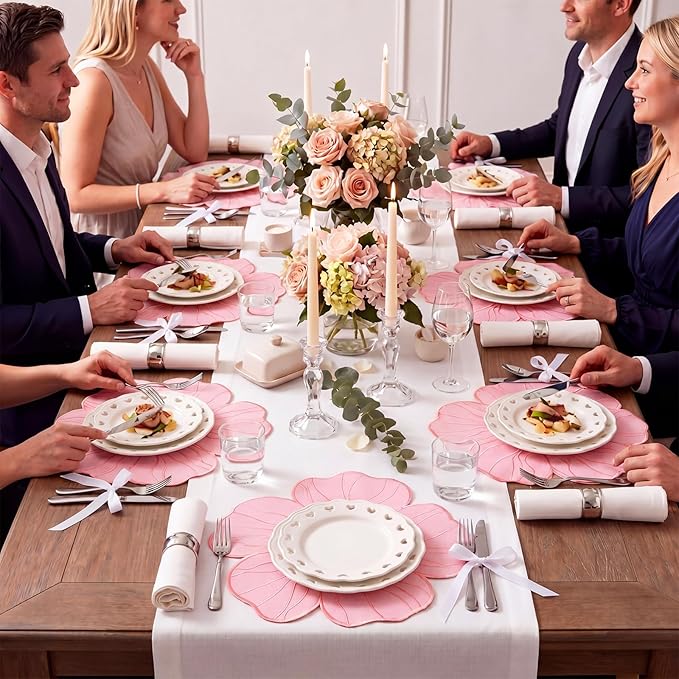 Moukeren Set of 6 Elegant Floral Placemat 16'' Flower Shaped Place Mat Flower Embroidery Table Mat for Wedding Bridal Shower Baby Shower Tea Party Kitchen Dining Table Decor(Pink)