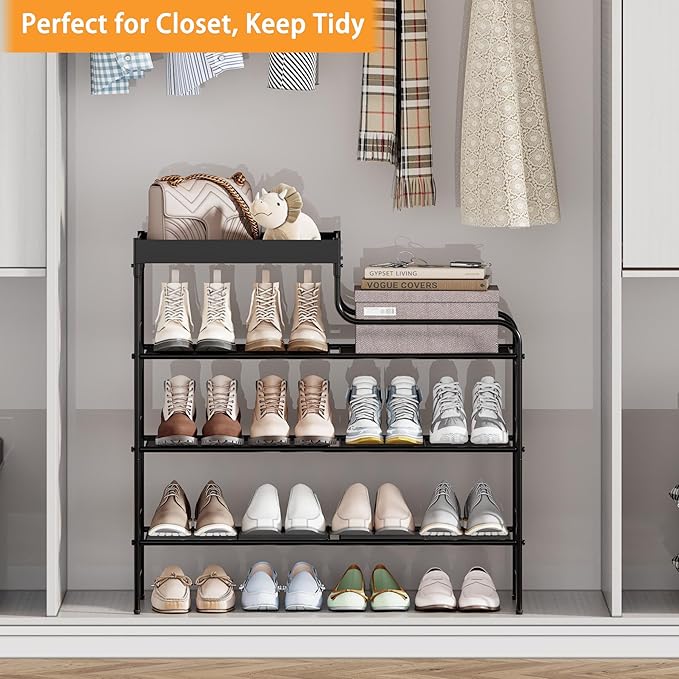 4 Tier Free Standing Shoe Racks with Storage Box, Metal Shoe Organizer for Closet with Sturdy Wire Grid, Large Capacity Shoe Rack Organizer for Entryway Corridor Living Room Balcony Bedroom, Black