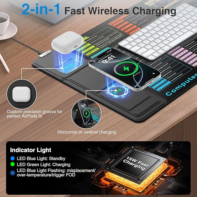 Wireless Charging Mouse Pad with Foldable Phone Holder, 31.5"x15.8" XXL Excel Cheat Sheet Desk Mat for Laptop/Keyboard, Waterproof Ultra-Smooth Surface, Non-Slip Base