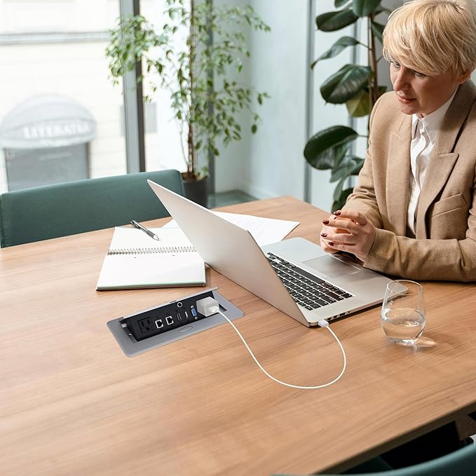 Table Pop up Power Strip Date Hub Connection Box with Outlet Network HDMI for Office Desk（Silver）