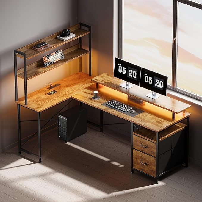 Maihail L Shaped Desk with Shelves,Reversible Computer Desk with LED Lights and Charging Station,Home Office Corner Desk with Monitor Stand,Brown2