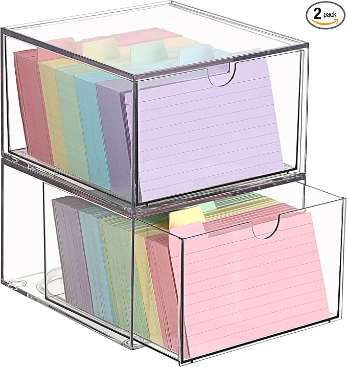 BTSKY Clear 3 x 5 Inch Index Card Storage Drawer Plastic Index Card Box for Office Desk Notecard Box Recipe Flashcards Holder, Recipe Notecard Storage Box Photo Holder Organizer, 2 Pack