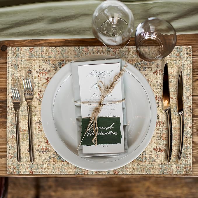 Boho Floral Beige Placemats Set of 4,Vintage Elegant Farmhouse Table Center Linen Decor,12x18 Inch Country Rustic Farmhouse Magical Fall Table Mats for Party Kitchen Dining Decoration