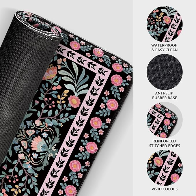 Black Floral Desk Mat, 31.5"x15.7" Large Mouse Pad, Anti-Slip Rubber Base Mousepad, Keyboard Pad with Stitched Edges, Water-Resistant Smooth Desk Blotter, Computer Mat for Home Office Desk