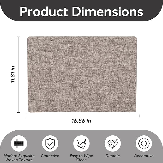 Vinyl Placemats Set of 4 - Faux Leather 100% Waterproof Oil-Proof Wipeable PU Place Mats, Heat Resistant Reversible Table Mats for Kitchen, Dining, Outdoor (Light Gray)