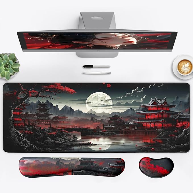FreeNook 3-in-1 Large Gaming Mouse Pad, Anime Mouse Pad & Keyboard Wrist Rest Support, Japanese Desk Mat Set for Home Office Study Game, 31.5 X 11.8 Inch