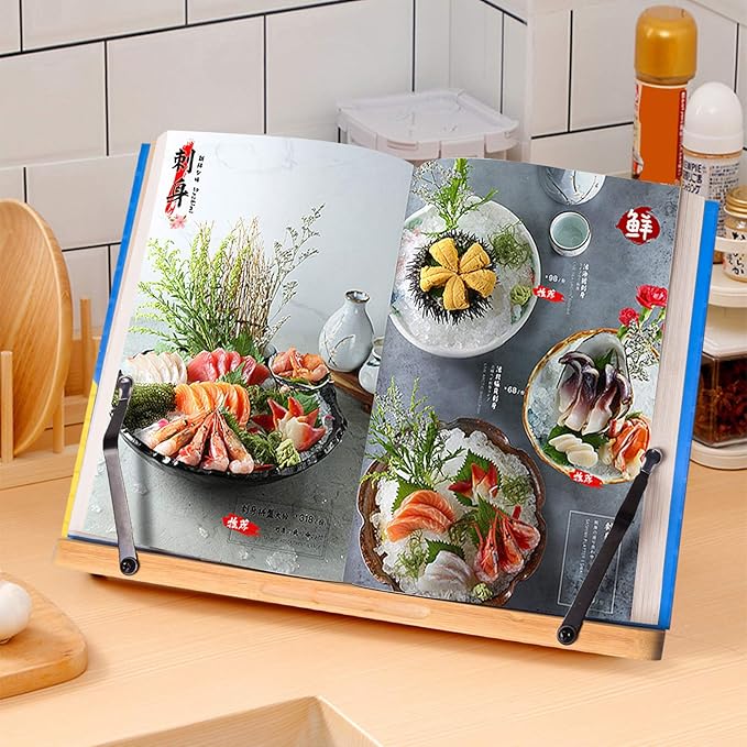 wishacc Bamboo Book Stand for Reading, 13.2" x 9.2" Premium Wooden Cookbook Holder and Recipe Stand for Kitchen Counter, Foldable Adjustable Desk Easel with 5 Angles for Textbooks, Sheet Music, Tablet