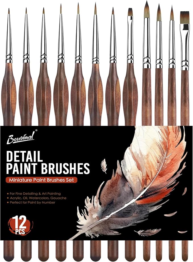 Bougimal 12 Pcs Detail Paint Brushes Set, Fine Detailing & No Shedding, Miniature Paint Brushes Design for Paint by Number, Models, Acrylic, Watercolor, Gouache, Oil