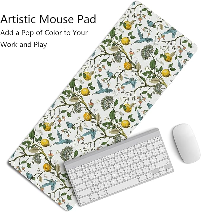 Yellow Lemon Mouse Pad,Green and Yellow Italian Lemon Desk Mat,Vintage Cottagecore Floral Desk Mat,Girly Summer Mouse Pads for Dorm Home Office Desktop Decor,31.5x11.8 Inch