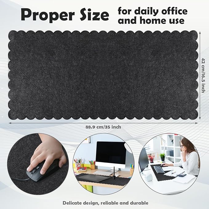 Copkim 35 x 16.5 Inch Felt Desk Mat with Scalloped Edges, Large Felt Mouse Pad Non Slip Scalloped Computer Laptop Desktop Pad for Keyboard and Mouse Home Office(Black Gray)