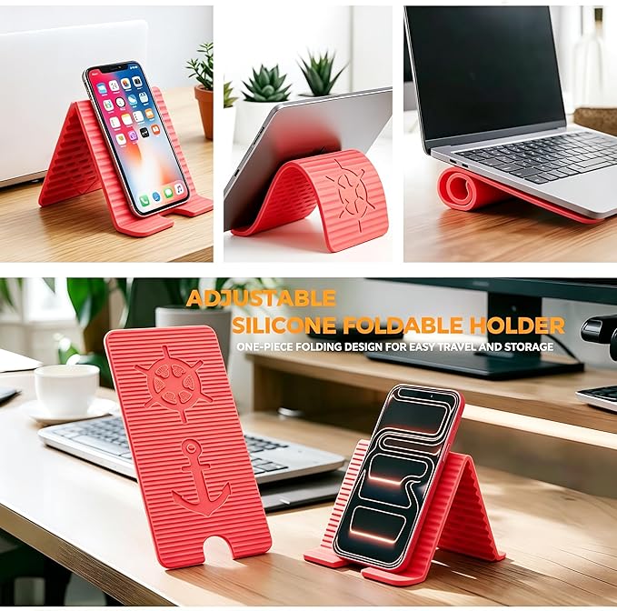 Flexible Silicone Aluminum Phone Holder Tablet Stand with Charging Port Design, Foldable Airplane Laptop/Phone Stand for Home Office Travel (Pink)