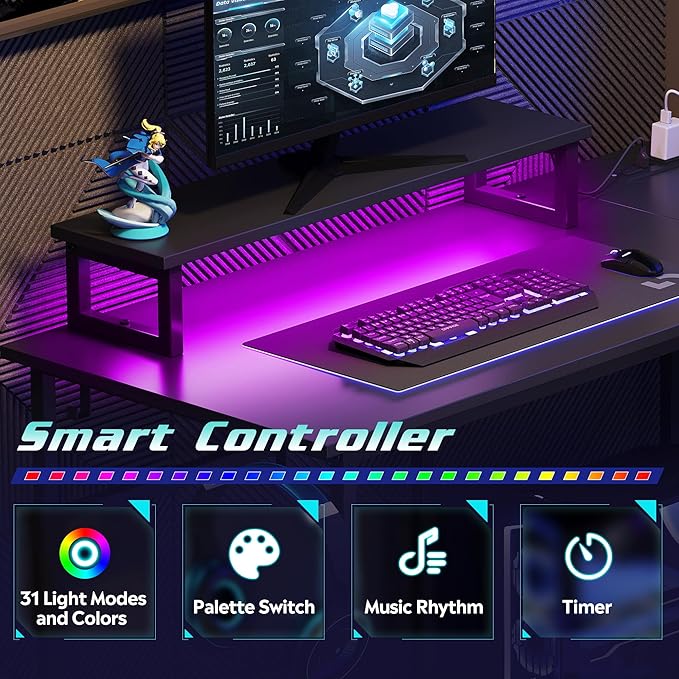 DEVAISE Compact 43" L Shaped Gaming Desk with LED Lights and Power Outlets - Corner Computer Table with Monitor Stand and Storage Shelves for Work and Gaming, Black