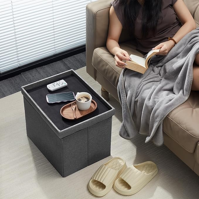 AmasSmile Light Gray Ottoman with Storage,Foot & Leg Rest Stools Small Cute Stool Short Bench Folding Ottomans Square Footstools for Shoe Living Room Under Desk Outdoor RV Camper Each Space Storage