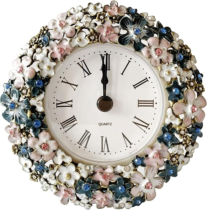 Silent Mini Vintage Analog Table Clock with Hand-Painted Metal Body and Battery Operated Non-Ticking Core for Shelf, Bedroom, Bedside, Desk, Gift Clock