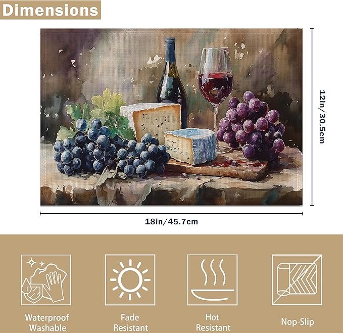 Watercolor Wine and Cheese Linen Placemats Set of 6, Decorative Table Mats 12x18 Inch, Washable Heat Resistant Placemats for Dining Table Kitchen Home Decor