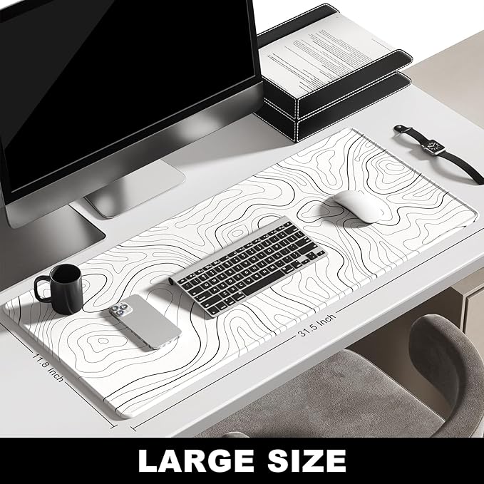 BOSOBO Large Mouse Pad, Desk Pad, XXL XL Extended Gaming Mouse Pad, Desk Mat for Office & Home, Long Keyboard Mat, Desktop Full Cover 31.5" x 11.8", Minimalist Topographic Map White