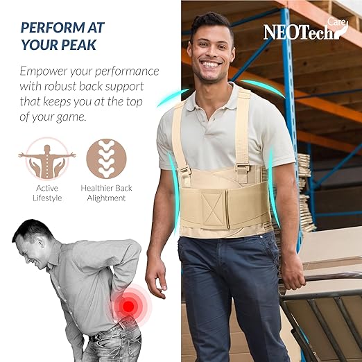 NeoTech Care Back Brace with Suspenders for Work - Industrial Lifting Safety, Elastic Compression, Hook & Loop Closure (Beige, Size L)