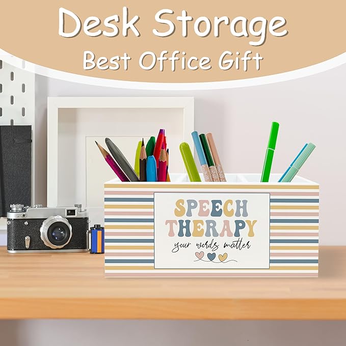Speech Therapy Gifts Pen Pencil Holder Organizer for Desk, Speech Language Pathologist Gifts, Boho Colorful SLP Mental Health Wooden Box Block Sign for Home Office Tabletop Decor