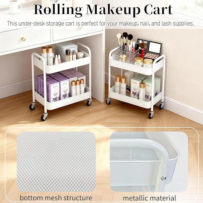 2 Tier Metal Rolling Cart with Wheels for Under Desk Storage & Pantry Storage, High Load-Bearing Kitchen Utility Cart for Small Space, Laundry Room Organization Side Table with 4 Hooks, White